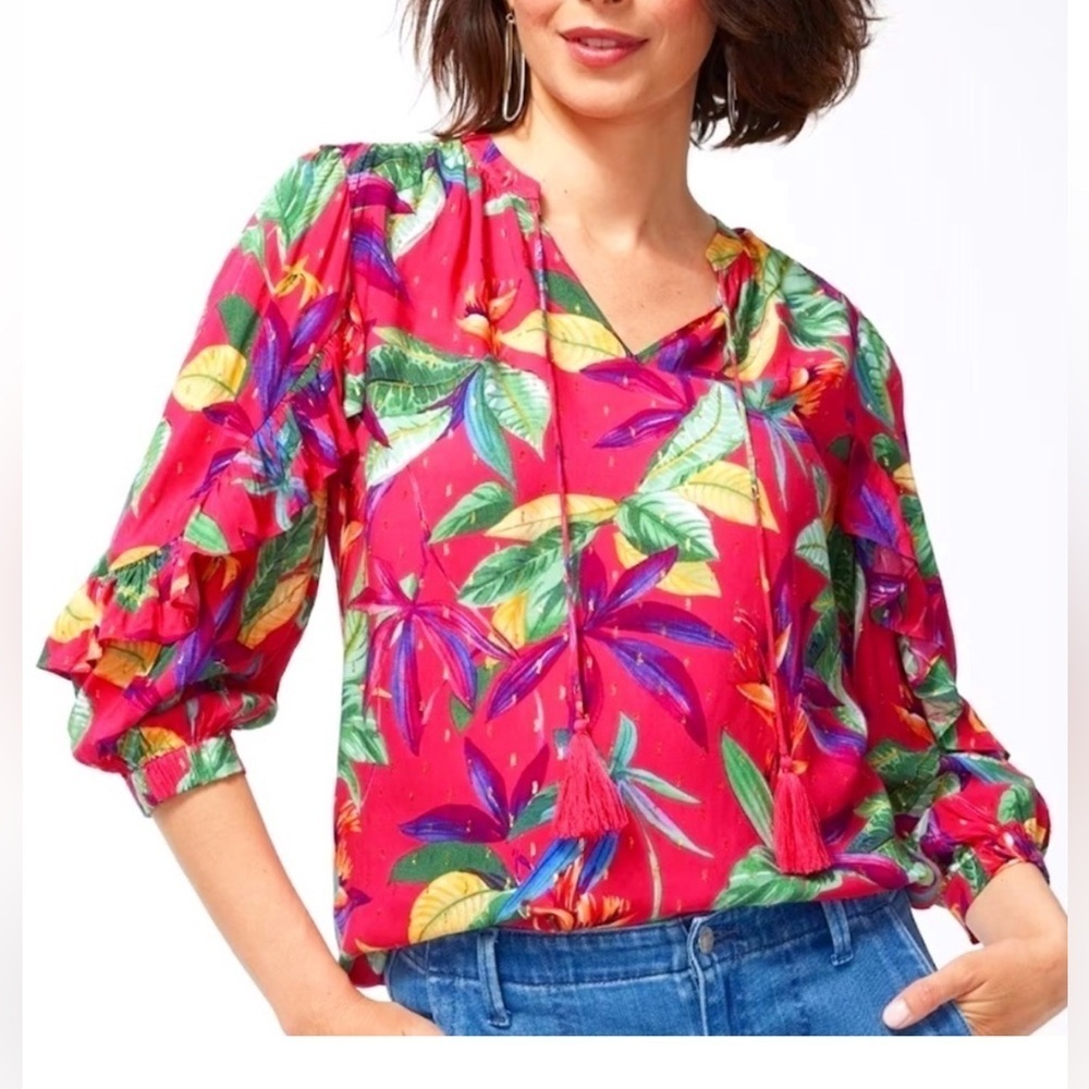 Chico’s Red Tropical Floral Tassel Blouse Size 0.5 (US 6)